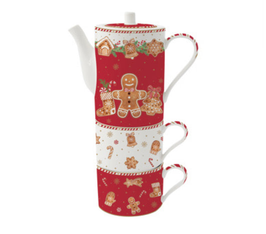 Kerst servies  Gingerbread theepot met 2 kopjes