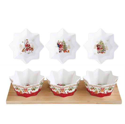 Kerst servies memories Porselein Aperitief ￼set 34×12 wit 3 bakjes en bamboo tray